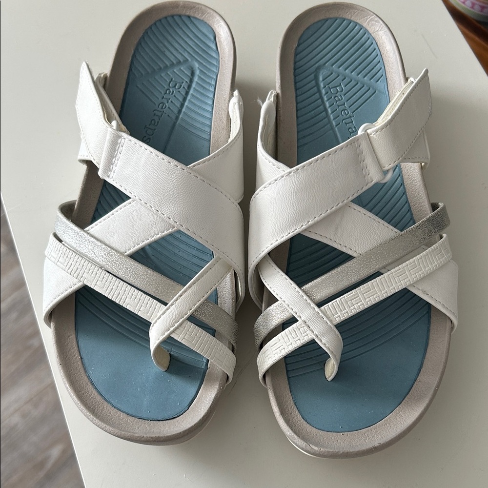 BareTraps White and Gray Cross-Strap Slide Sandals